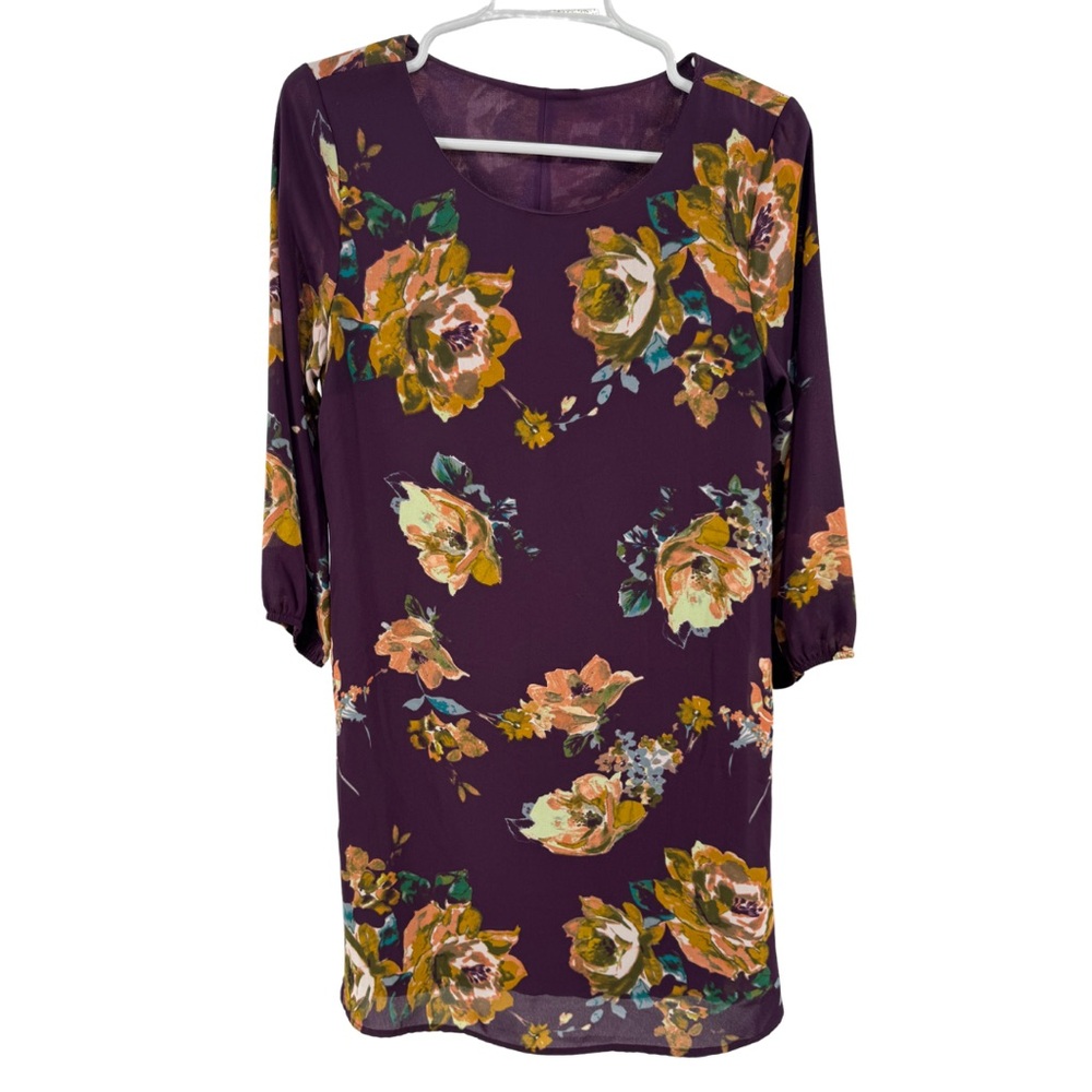 Everly Anthropologie Plum dark floral Long sheer Sleeve shift Dress S